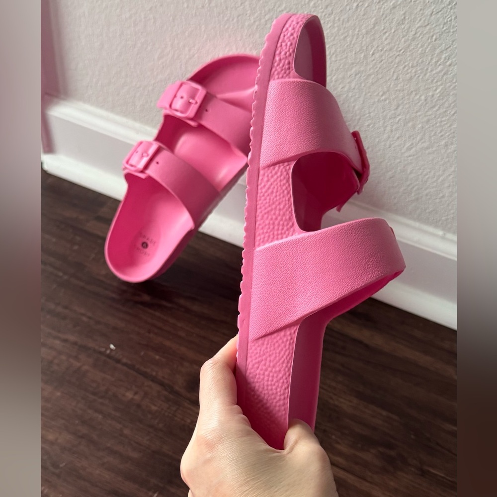 Shade & Shore Bright Neon Pink Double Strap Summer Sandals Slides - Picture 3 of 10
